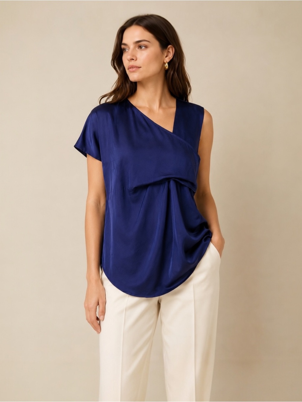 Carven Paris Asymmetric Draped Overlay Viscose Blouse Blue FR 38 Guillaume Henry